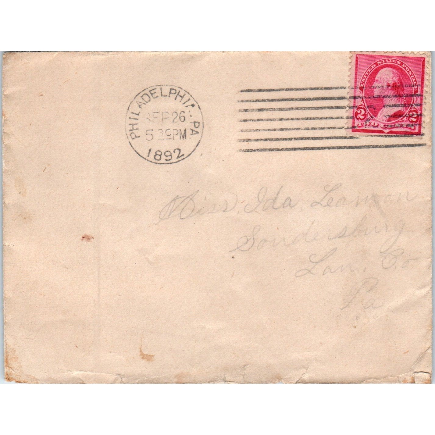 1892 Postal Cover Long Bar Stamp Philadelphia Paradise D21