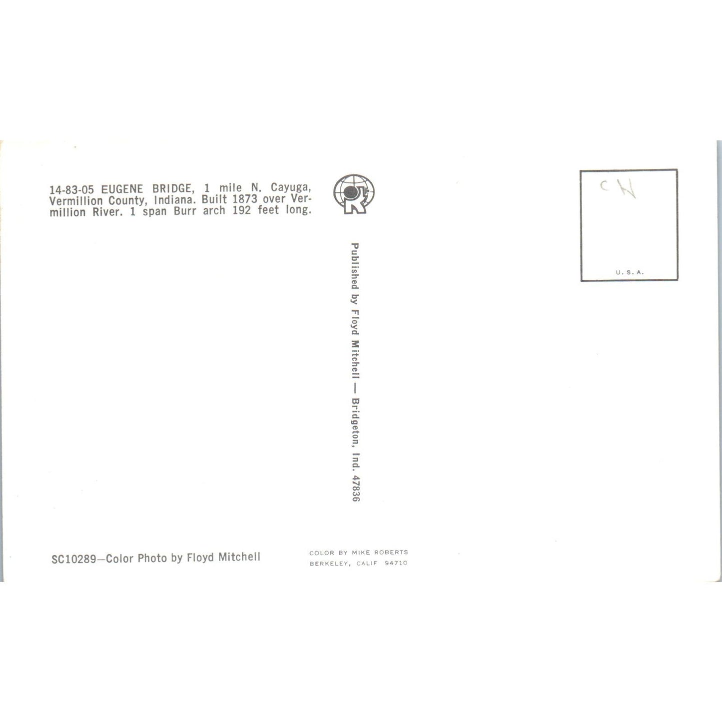 Eugene Bridge Vermillion County Indiana Covered Bridge Postcard PC8