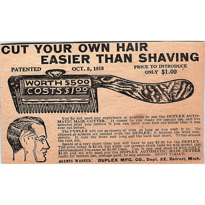 Duplex Automatic Hair Cutter - Duplex Mfg Co Detroit MI 1920 Ad AG2-6