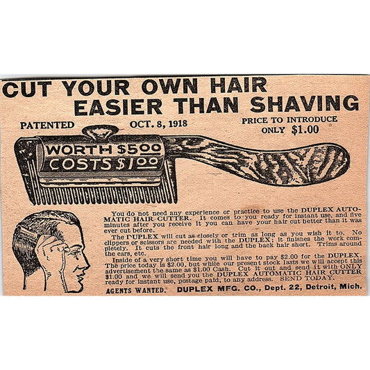 Duplex Automatic Hair Cutter - Duplex Mfg Co Detroit MI 1920 Ad AG2-6