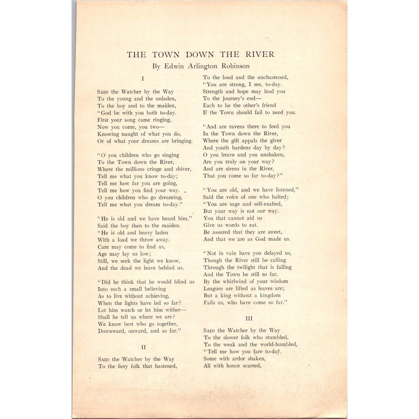The Town Down The River Poem by Edwin Arlington Robinson 1908 Clipping J14