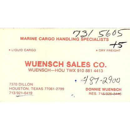Donnie Wuensch Sales Co Marine Cargo Handling Houston Vtg Business Card SD9-B7