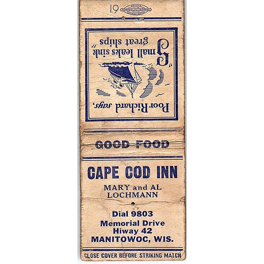 Cape Cod Inn Mary & Al Lochmann Manitowoc WI Vintage Matchbook Cover SF3-Y1