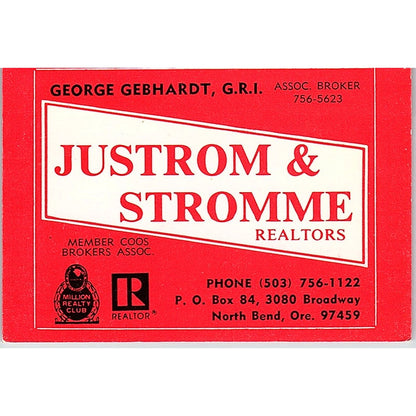 George Gebhardt Justrom & Stromme Realtors Coos Bay Vintage Business Card TH2-B1