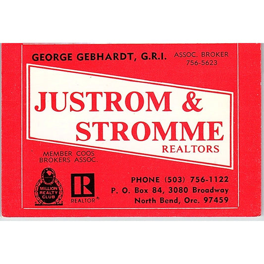 George Gebhardt Justrom & Stromme Realtors Coos Bay Vintage Business Card TH2-B1