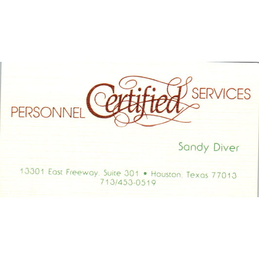 Personnel Certified Services Sandy Diver Houston Vintage Business Card SD8-B18