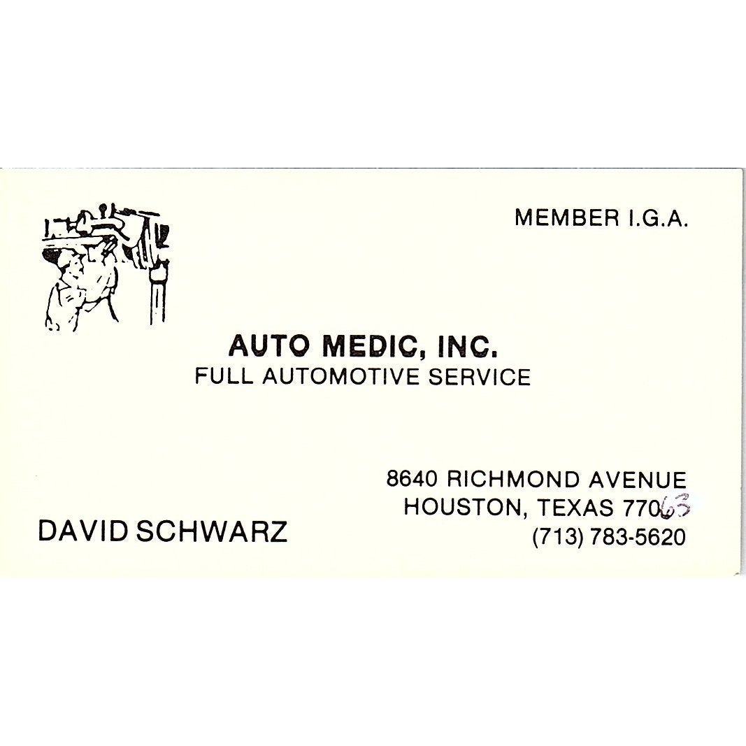 David Schwarz Auto Medic Inc Houston TX Vintage Business Card SE3-B13