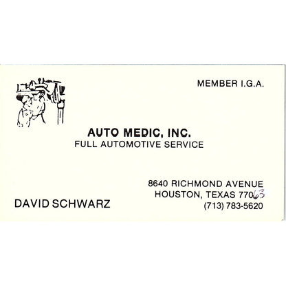 David Schwarz Auto Medic Inc Houston TX Vintage Business Card SE3-B13