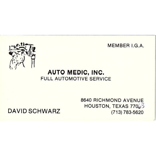 David Schwarz Auto Medic Inc Houston TX Vintage Business Card SE3-B13