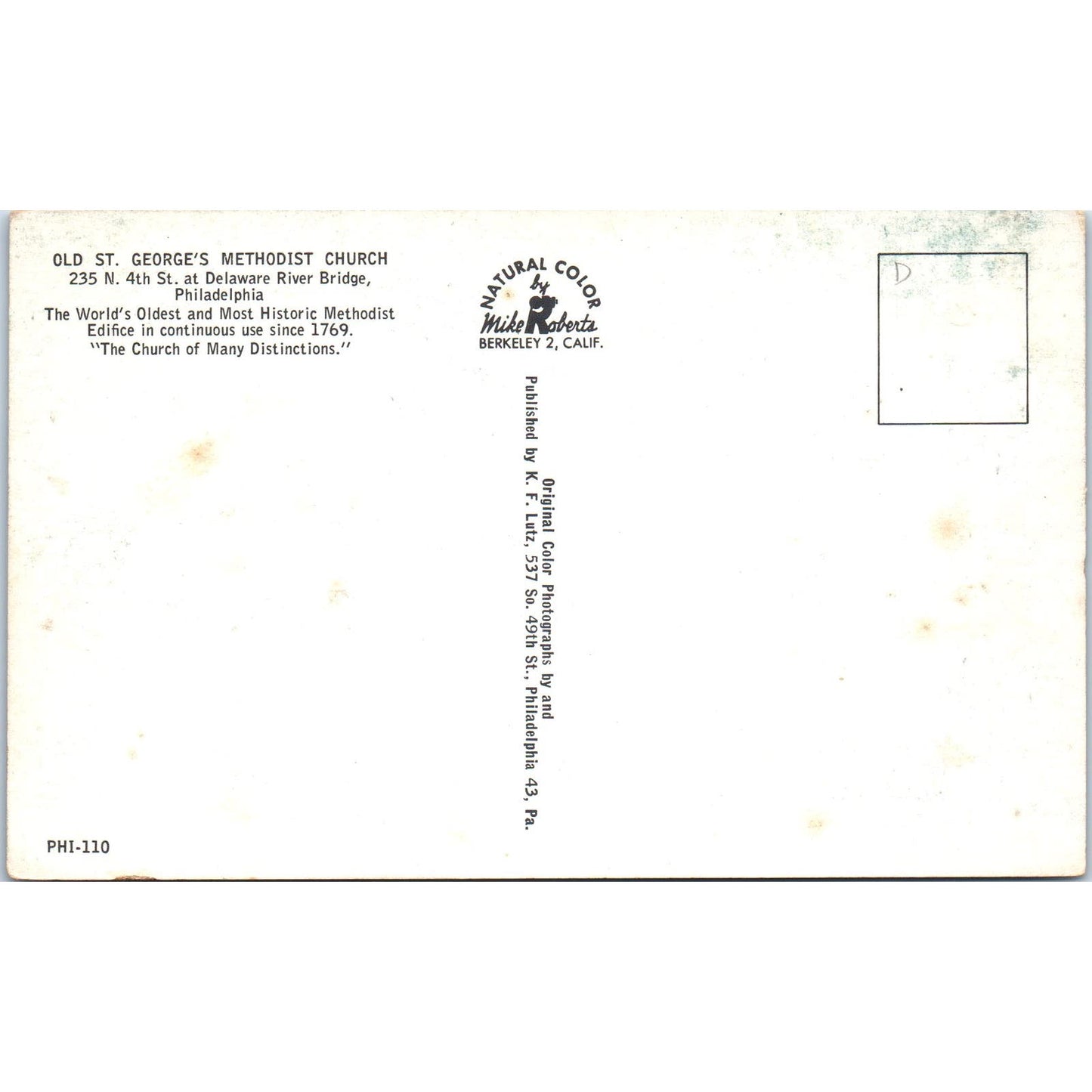 Old St. George's Methodist Church Sanctuary Philadelphia PA Vintage Postcard PD4