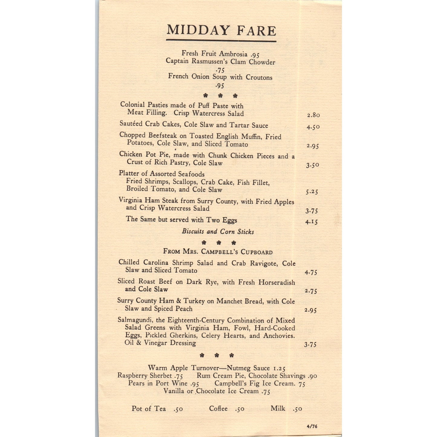 1976 Midday Fare at Christiana Campbell's Tavern Bicentennial Leaflet TF4-BD