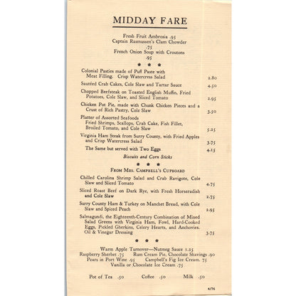 1976 Midday Fare at Christiana Campbell's Tavern Bicentennial Leaflet TF4-BD