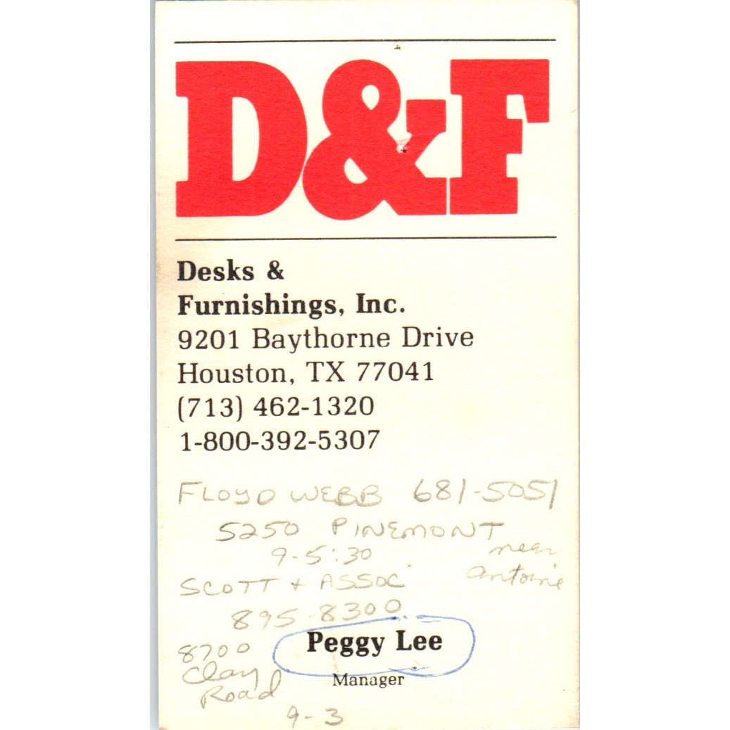 Peggy Lee D&F Desks & Furnishings Houston Vintage Business Card SD8-B20