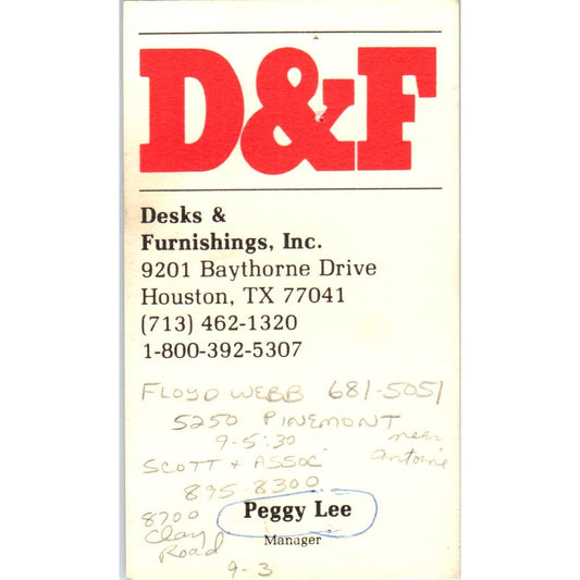 Peggy Lee D&F Desks & Furnishings Houston Vintage Business Card SD8-B20