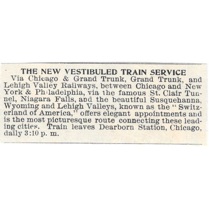 Vestibuled Train Service Chicago & Grand Trunk Lehigh Valley Ry 1894 Ad AK6-S7
