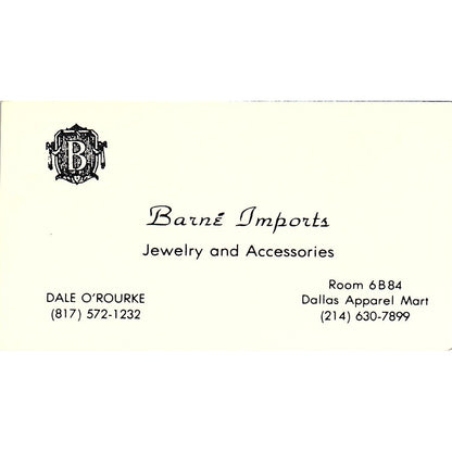 Barni Imports Dale O'Rourke Dallas Apparel Mart Vintage Business Card SB4-B2