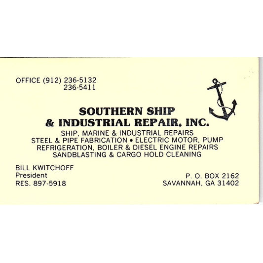Bill Kwitchoff Southern Ship & Industrial repair Savannah Business Card SD9-B9