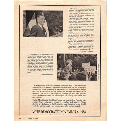 Walter Mondale Geraldine Ferraro Vote Democrat 1984 Ad AF6-9