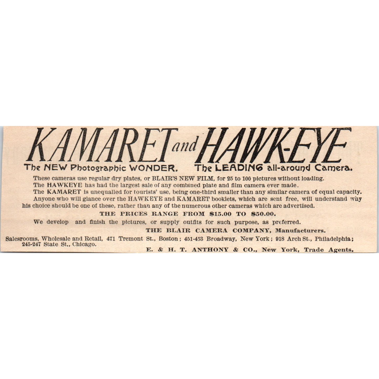 Kamaret and Hawkeye Camera E & H.T. Anthony Co Blair Camera Co 1892 Ad AK6-H1