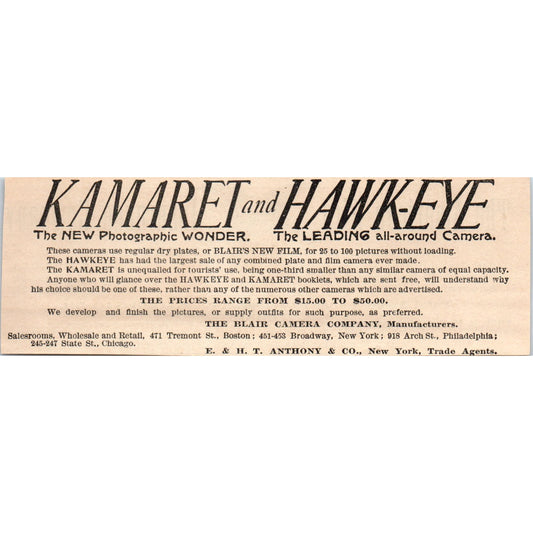 Kamaret and Hawkeye Camera E & H.T. Anthony Co Blair Camera Co 1892 Ad AK6-H1