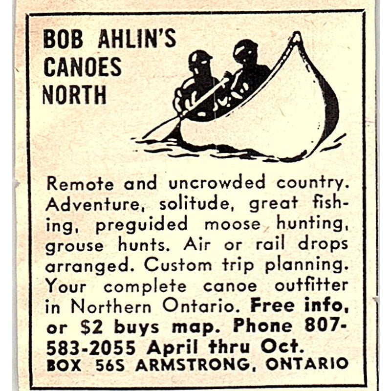 Bob Ahlin's Canoes North Armstrong Ontario 1977 Ad AF6-M3