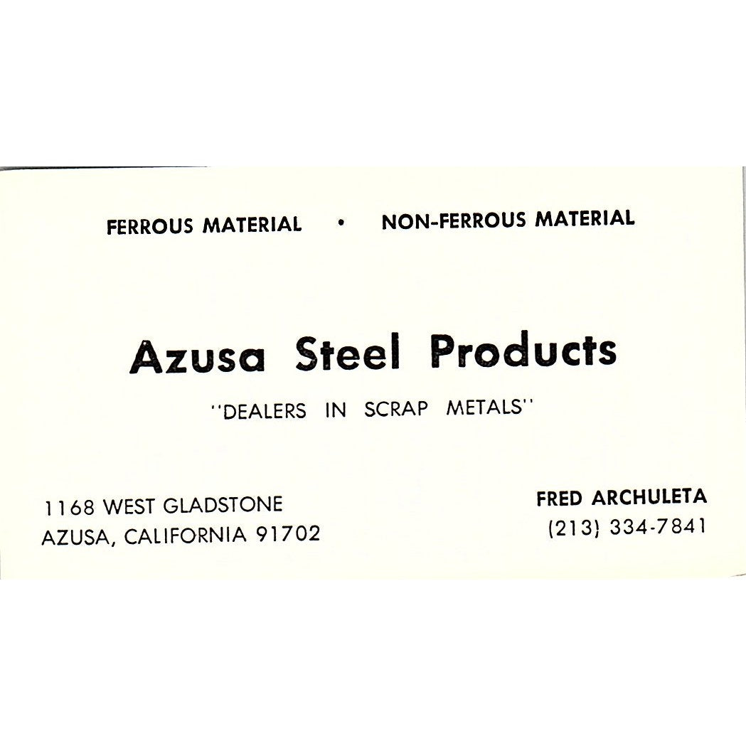 Fred Archuleta Azusa Steel Products Azusa CA Vintage Business Card SC9-B12