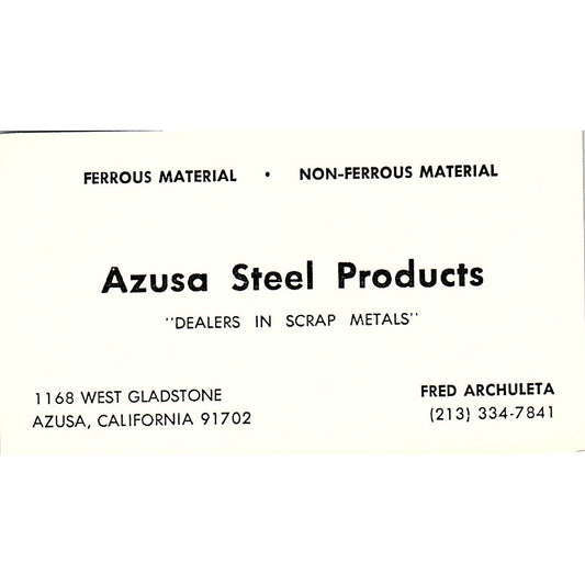 Fred Archuleta Azusa Steel Products Azusa CA Vintage Business Card SC9-B12