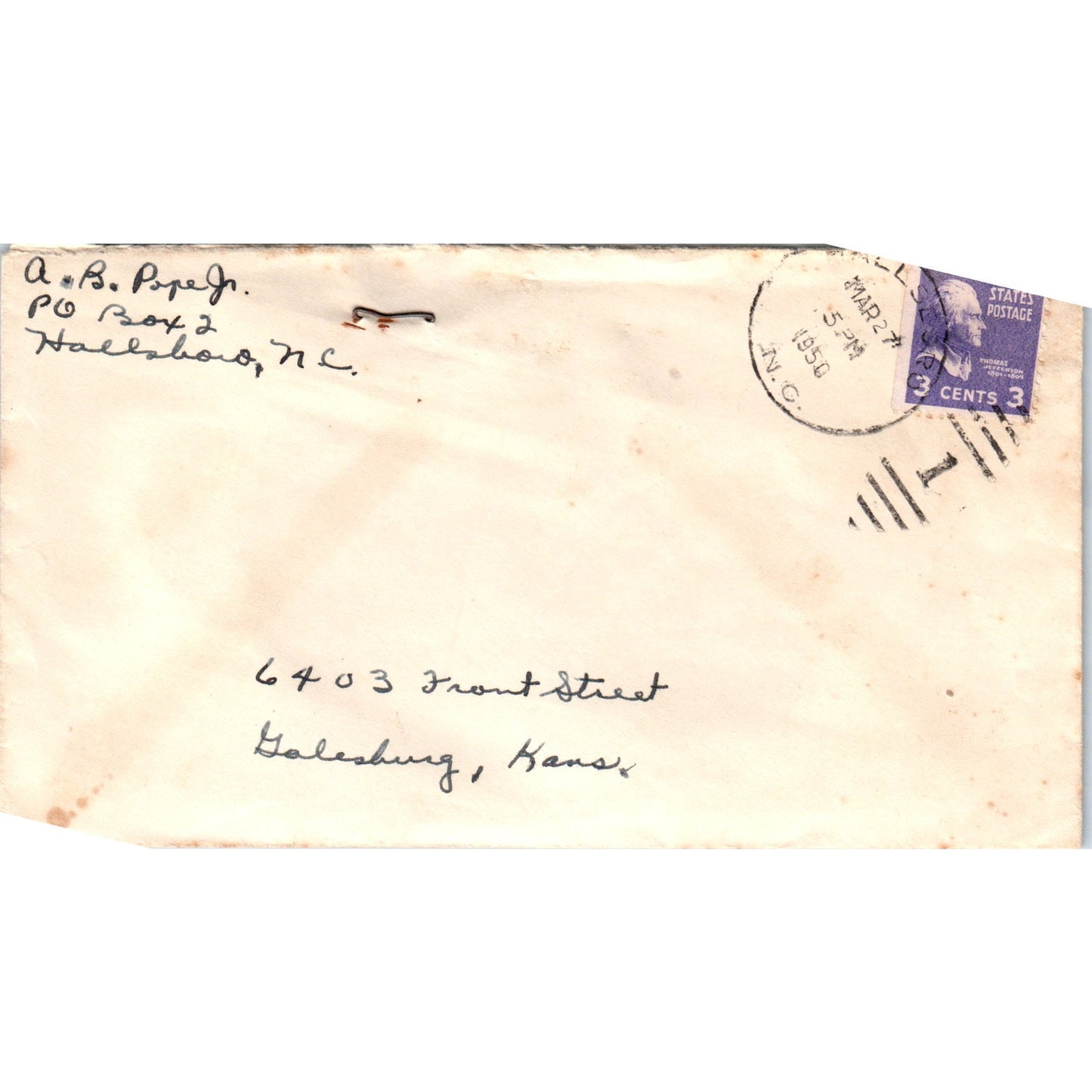 1950 Hallsboro NC to Galesburg KS Postal Cover Envelope TG7-PC1