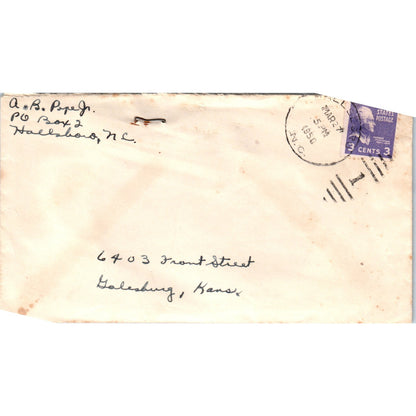1950 Hallsboro NC to Galesburg KS Postal Cover Envelope TG7-PC1
