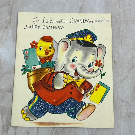 Vintage Kitschy Greeting Card Happy Birthday Grandma Elephant Duck TG9-E2