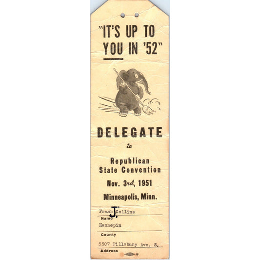 1951 Republican State Convention Delegate Hang Tag Frank Collins Minneapolis AE2