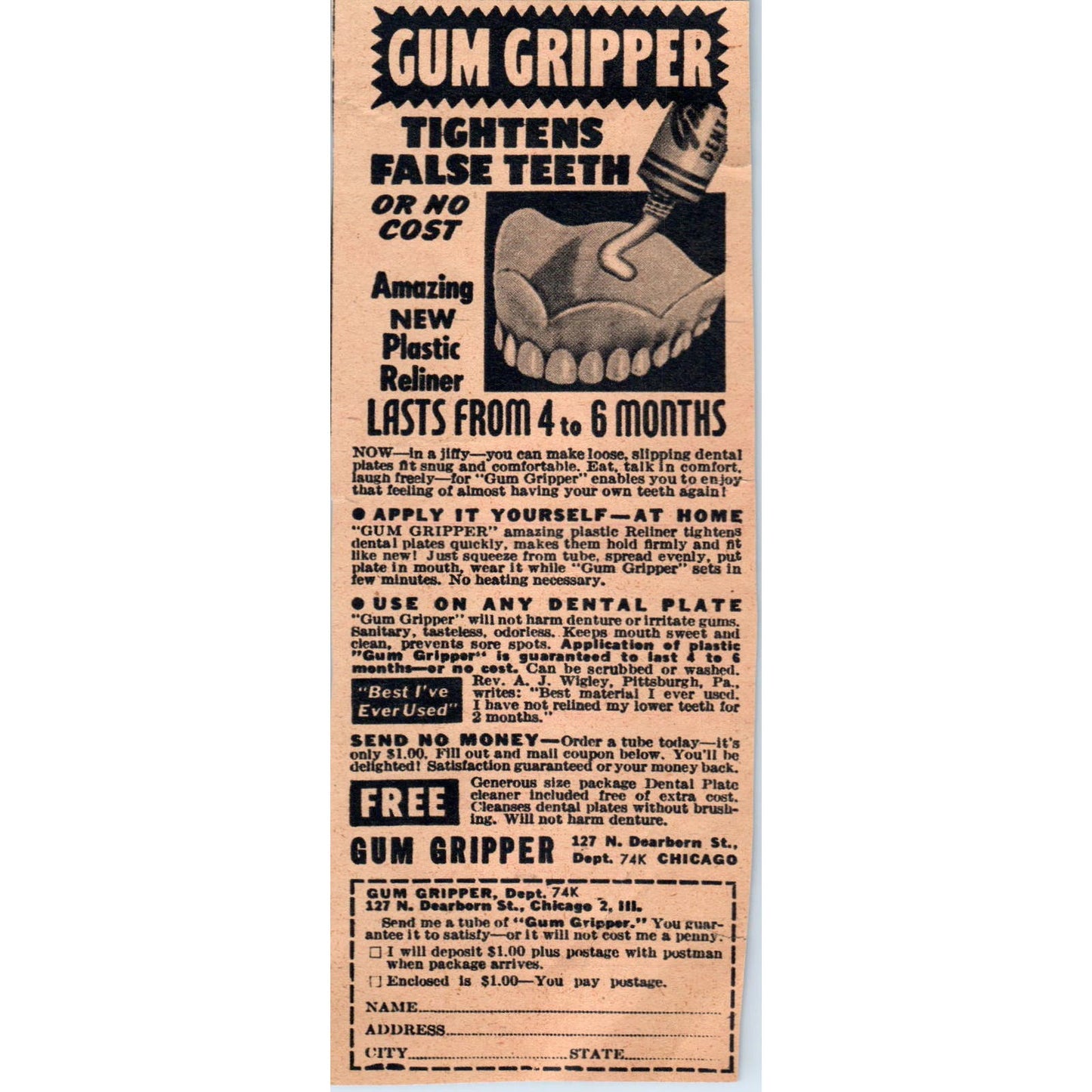 Gum Gripper Denture Cream Chicago Illinois 1943 Magazine Ad AB9-NPG