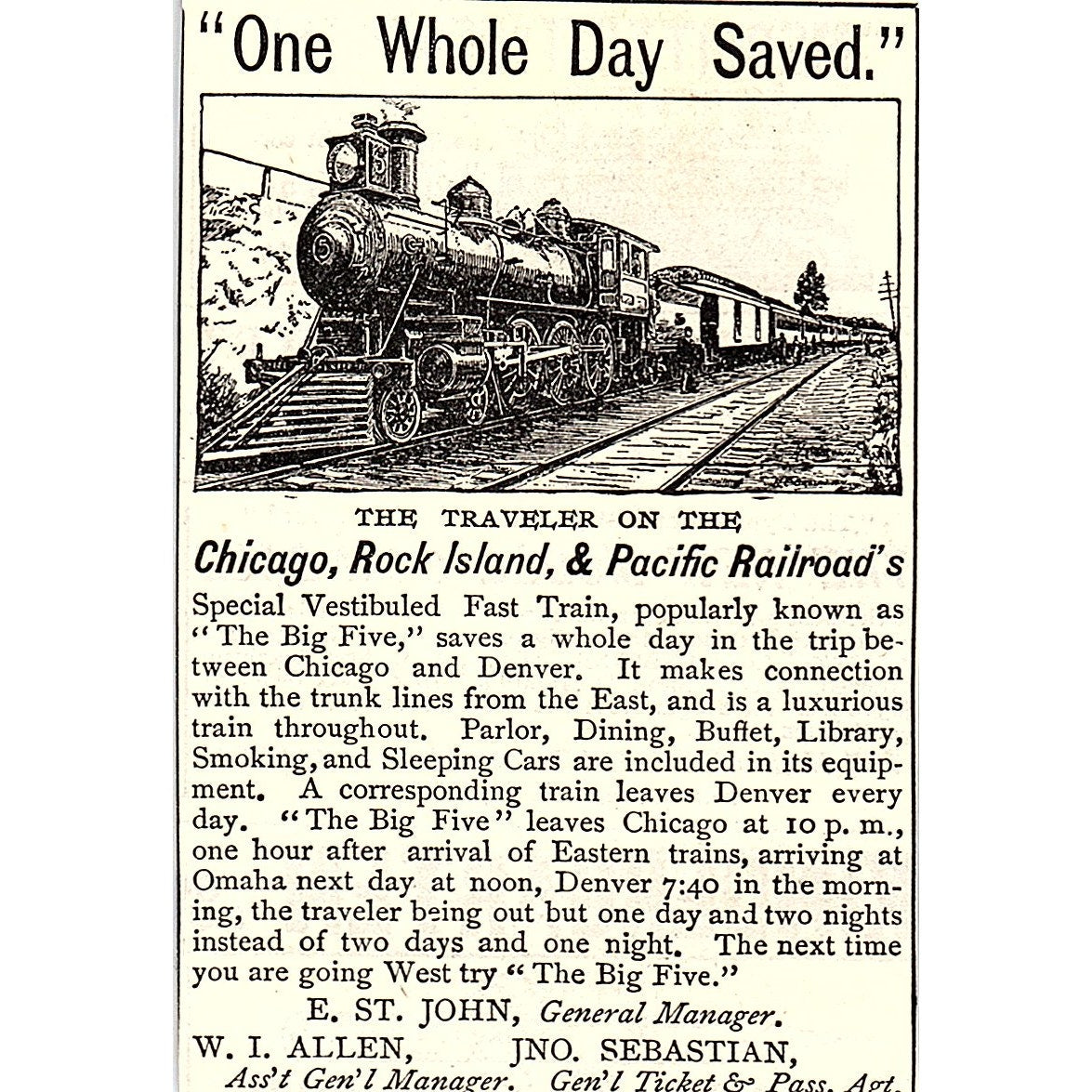 Chicago, Rock Island & Pacific E. St. John W.I. Allen Jno. Sebastian Ad AG2-M11
