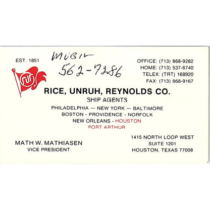 Math W Mathiasen Rice, Unruh, Reynolds Co Houston Vintage Business Card SC9-B1