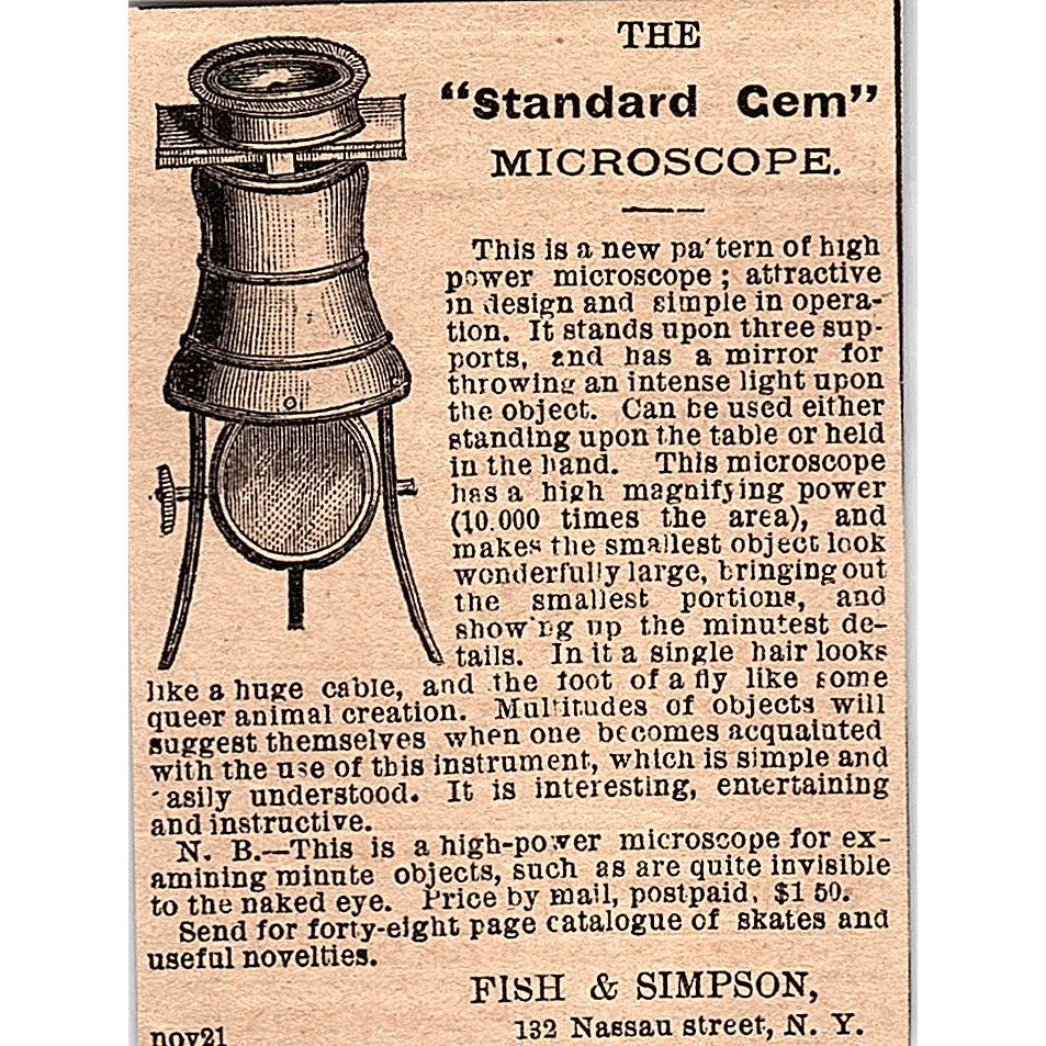 The Standard Gem Microscope Fish & Simpson 132 Nassau St NY 1878 Ad AG2-M13