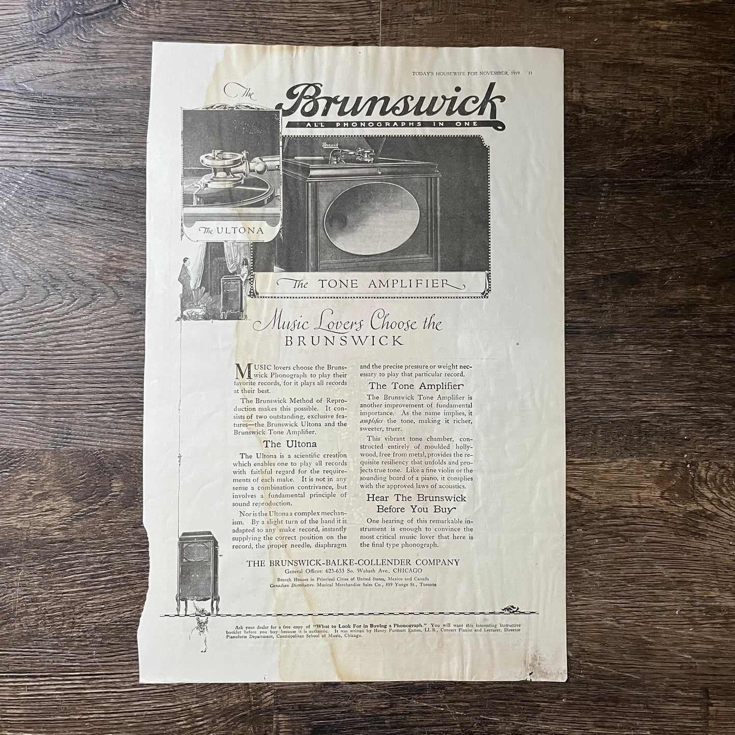 1919 Brunswick Phonographs Brunswick-Balke-Collender Co Magazine Ad 10x16 V7