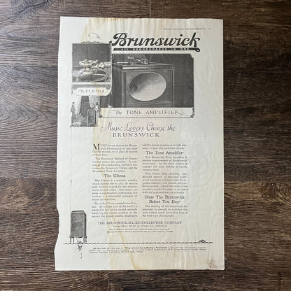 1919 Brunswick Phonographs Brunswick-Balke-Collender Co Magazine Ad 10x16 V7