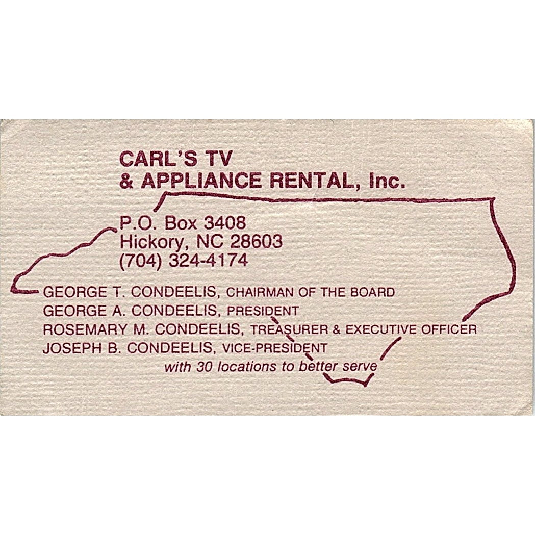 Carl's TV & Appliance Rental George T Condeelis Hickory NC Business Card SC9-B7