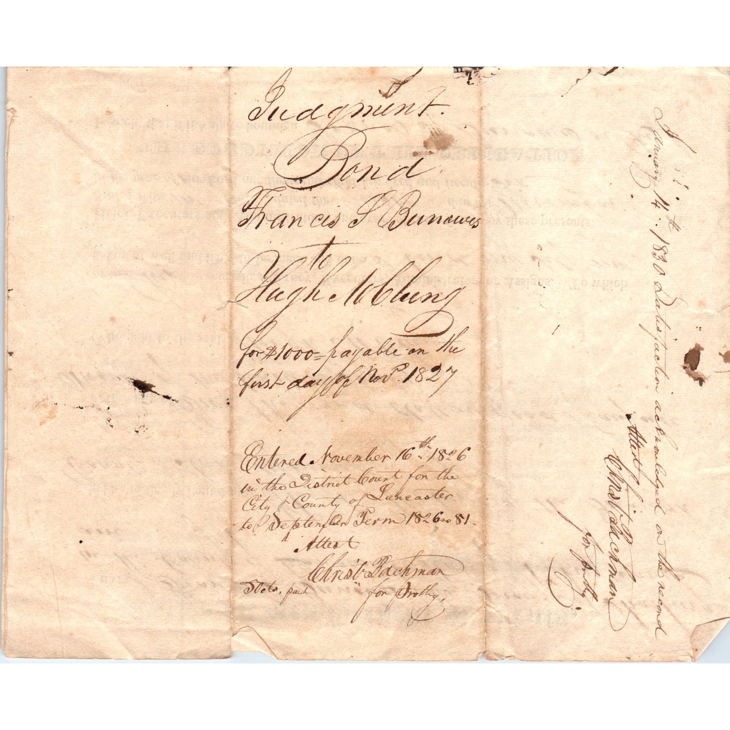 1827 Legal Agreement Strasburg PA J. Francis J, Bunawes Hugh McLung D23