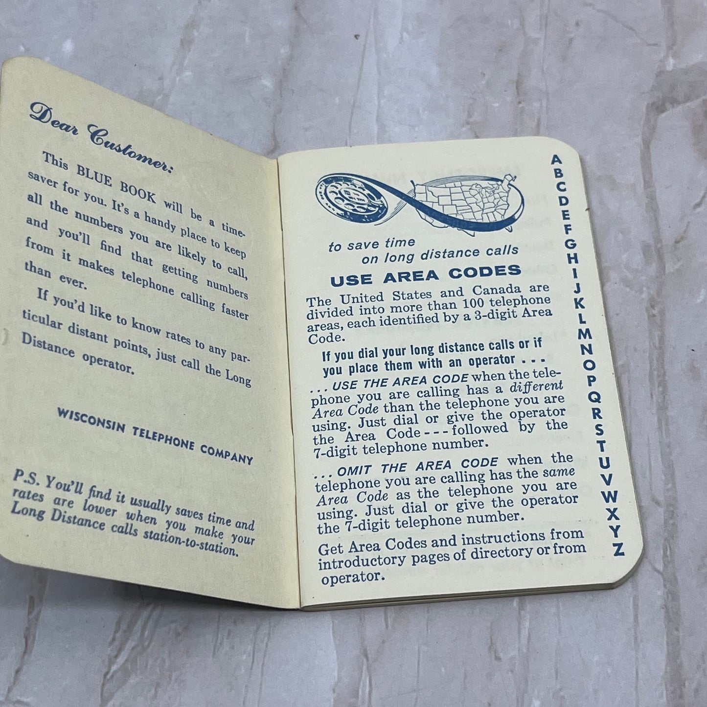 Vintage Pocket Blue Book of Telephone Numbers Wisconsin Telephone Co SB8
