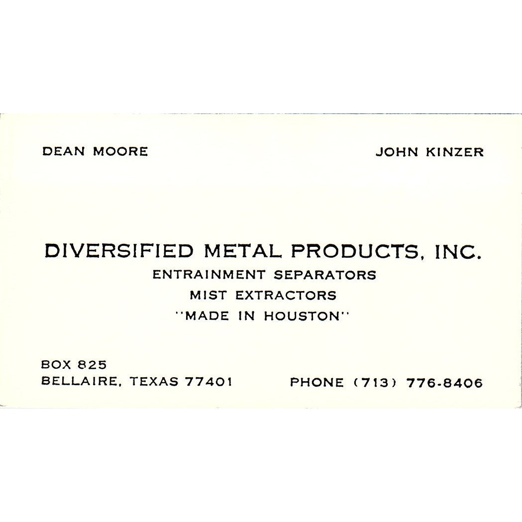 Dean Moore John Kinzer Diversified Metal Products Bellaire Business Card SC9-B12
