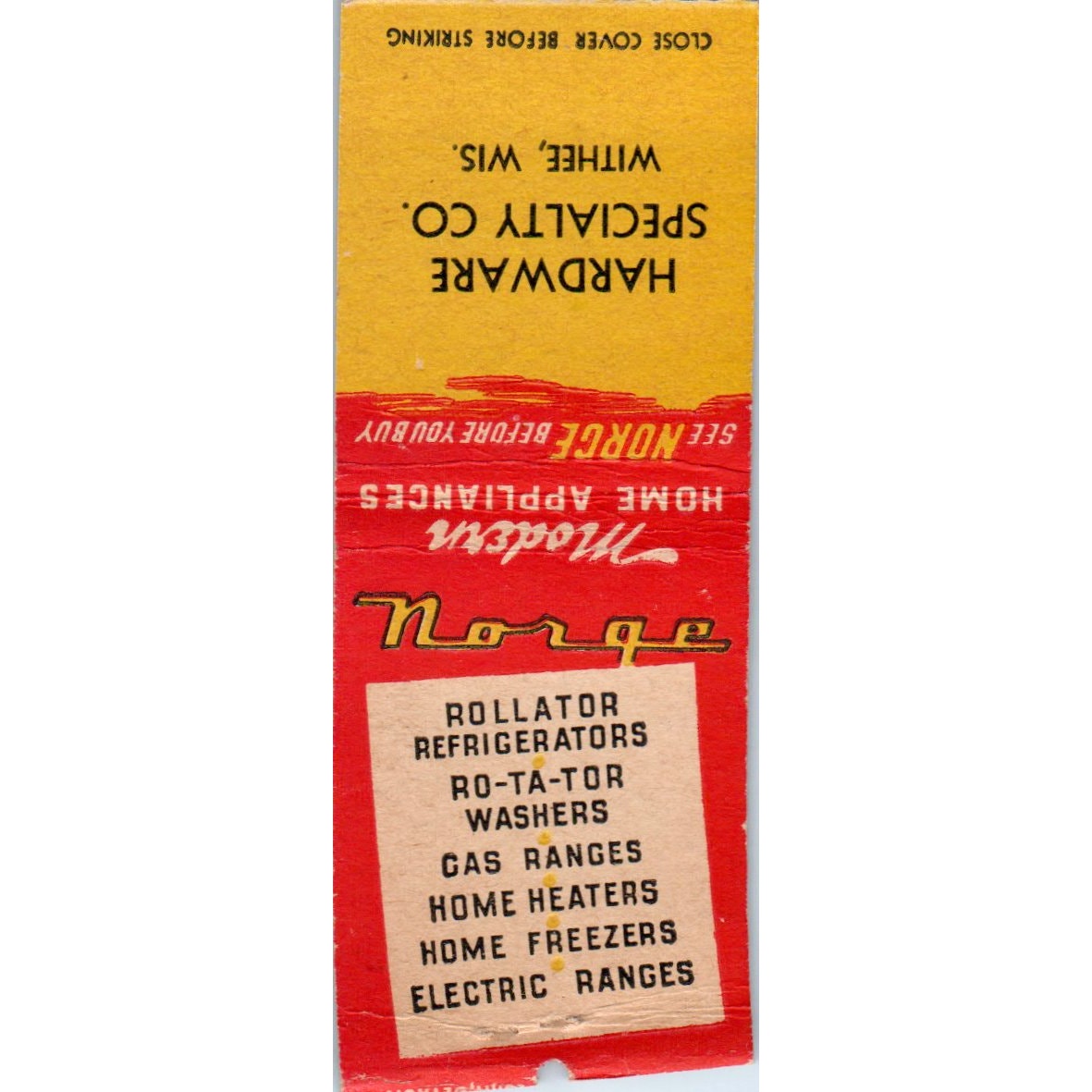 Hardware Specialty Co Withee WI Modern Appliances Vintage Matchbook Cover SD2-Y4