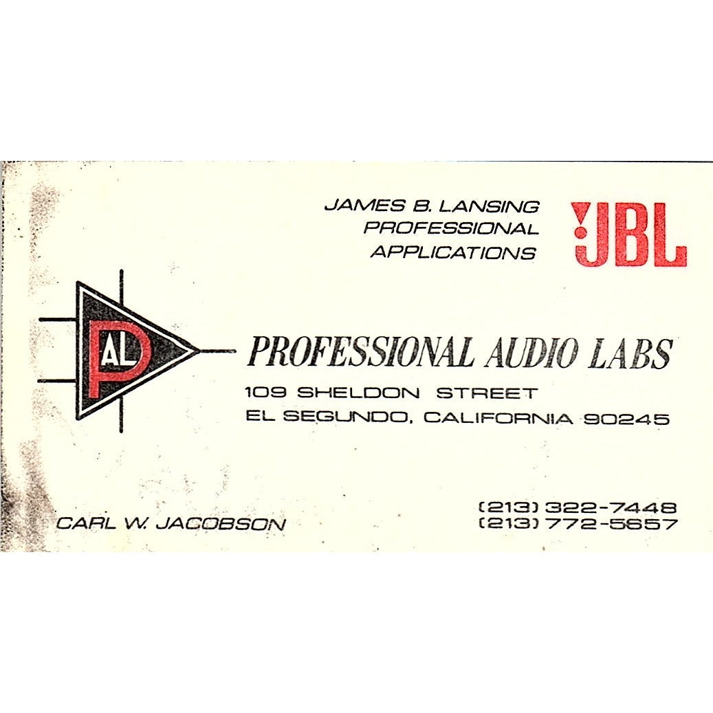 Professional Audio Labs Carl W. Jacobson El Segundo CA Business Card SSB4-B12
