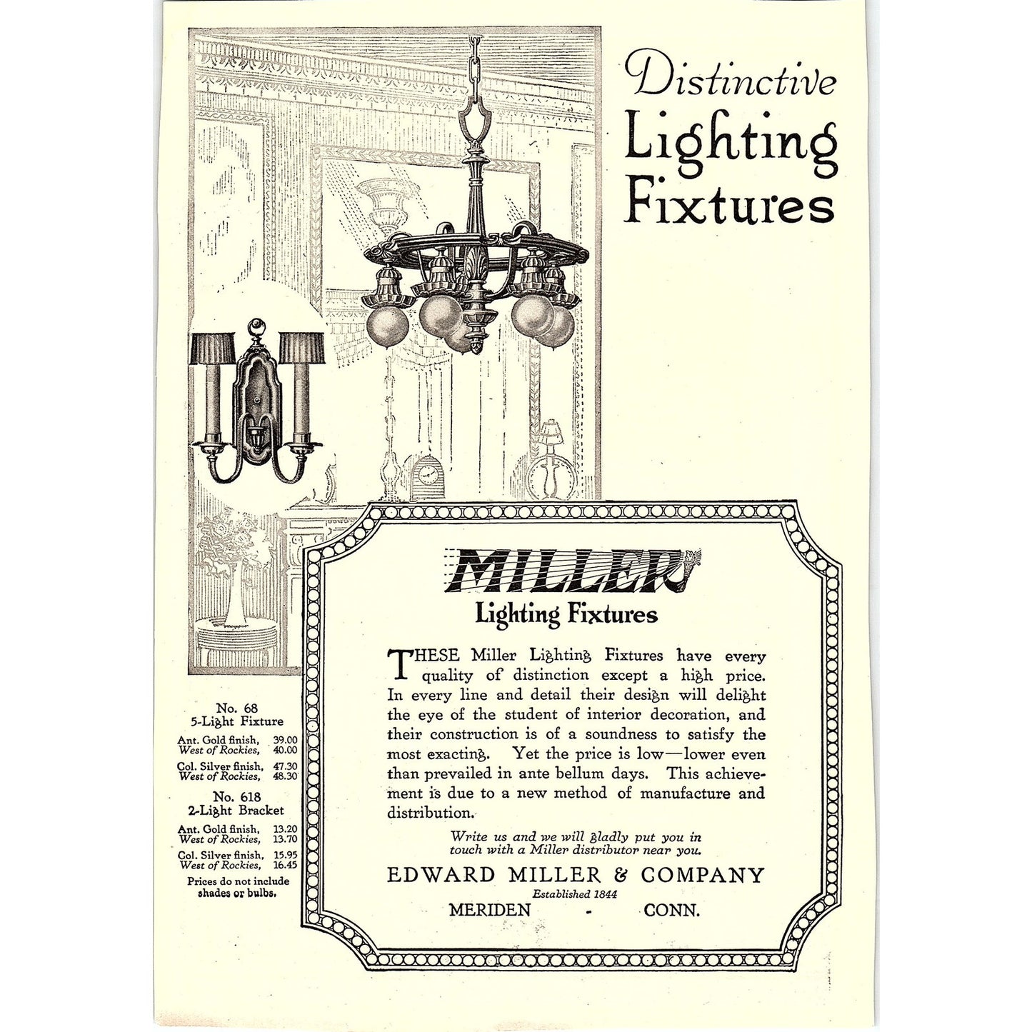 Miller Lighting Fixtures Edward Miller & Co Meriden CT c1920 Ad AF8-10