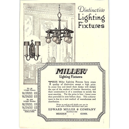 Miller Lighting Fixtures Edward Miller & Co Meriden CT c1920 Ad AF8-10