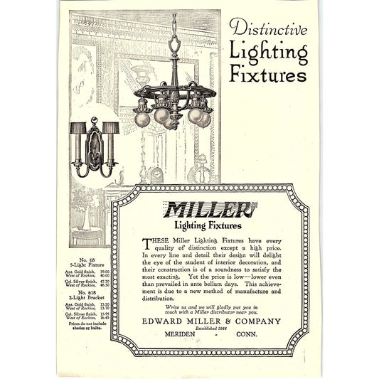 Miller Lighting Fixtures Edward Miller & Co Meriden CT c1920 Ad AF8-10