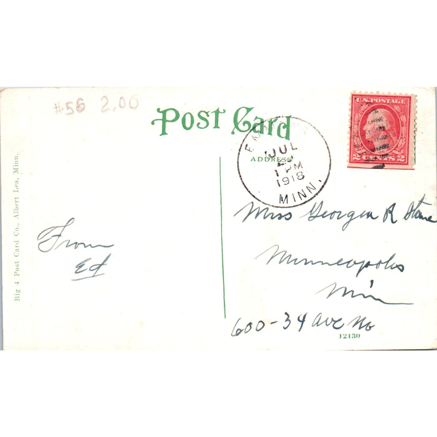 1918 Naeve Hospital Albert Lea Minnesota Vintage Postcard PD1