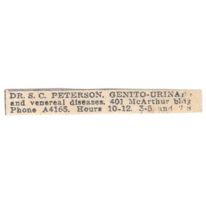 Dr S.C. Peterson Genitourinary and Venereal Diseases Winnipeg 1920 Ad AG2-S12