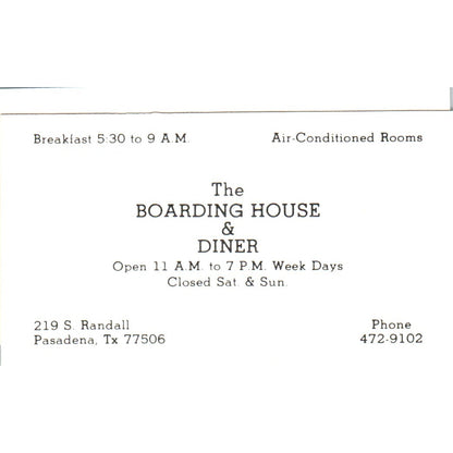 The Boarding House & Diner Pasadena TX Vintage Business Card SD8-B8