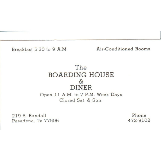 The Boarding House & Diner Pasadena TX Vintage Business Card SD8-B8